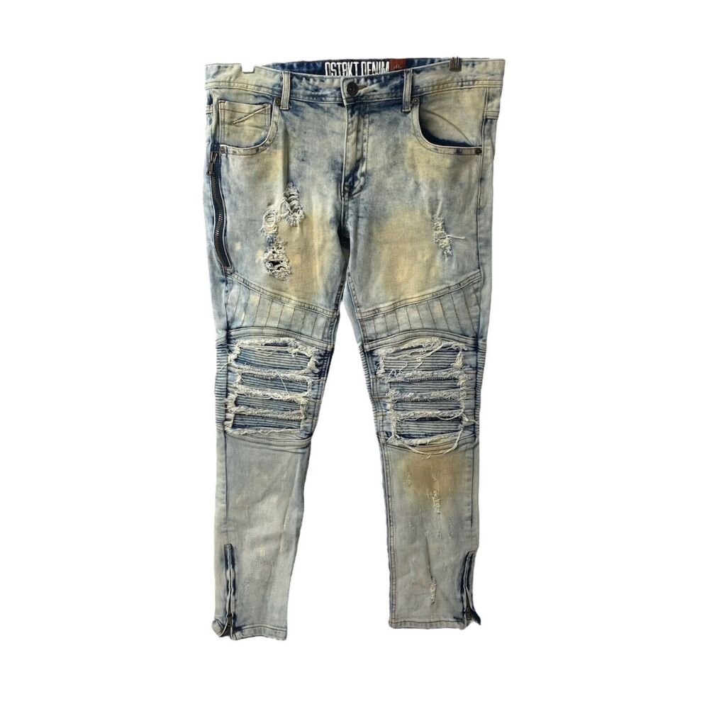 Mens 34 X 32 Skinny Jeans 8ighth Dstakt Light Wash Blue Distressed Denim Zip Leg